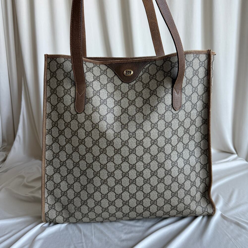 Gucci GG Supreme Vertical Tote - Brown Leather Trim, Large, Vintage